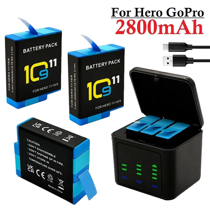 2800 mAh bateria do GoPro Hero 10 11 2800 mAh bateria 3 sposoby szybka ładowarka Box przechowywanie kart TF dla GoPro Hero 9 akcesoria