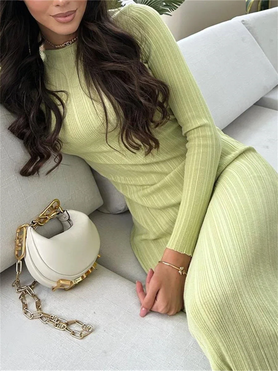 Women Knit Ribbed Bodycon Long Dress Fall Casual Solid Color Long Sleeve O Neck Wrapped Pencil Dress Street Party