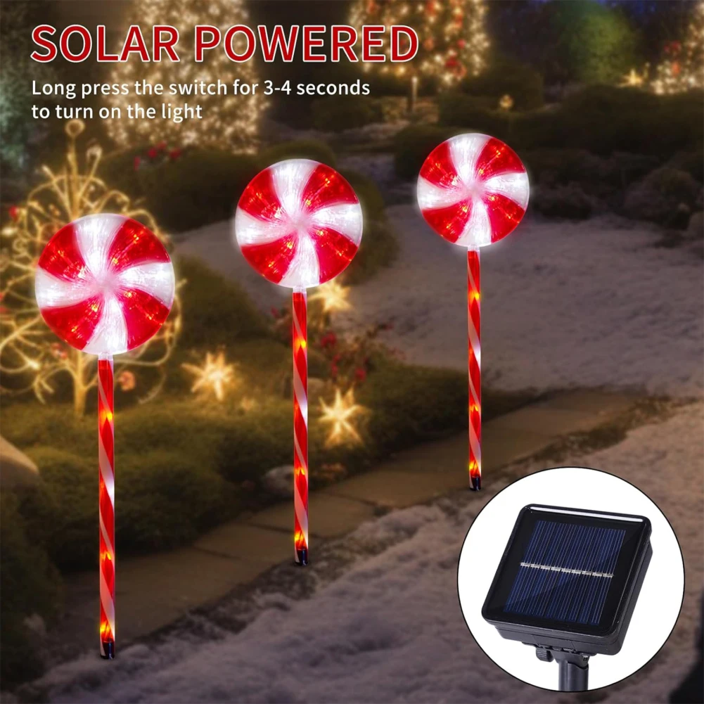 1pc/2pcs LED Christmas Solar Pathway Lights Lollipops Crutches Solar Stake Lights With 8 Lighting Modes For Garden Yard Decor