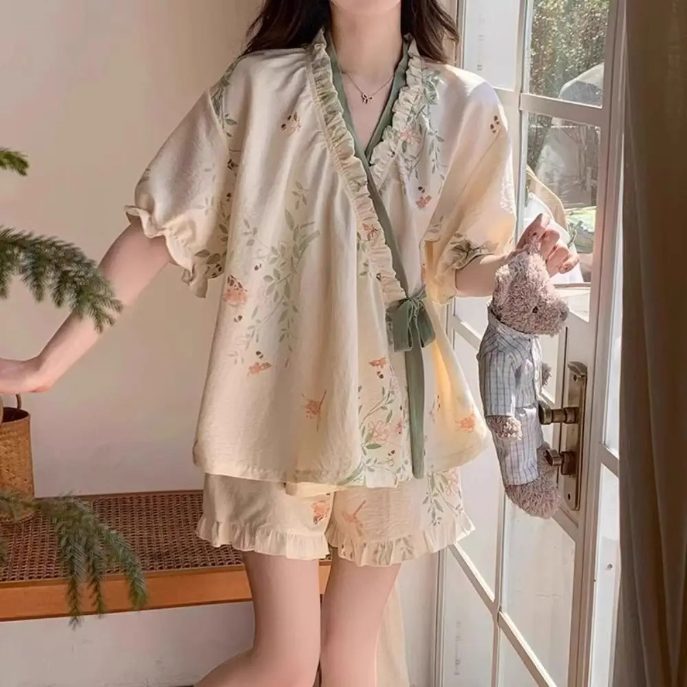 New Chinese Style Lace Up Pajama Suit Flower V-Neck Shorts Sleeve Nightwear Reffle Women Homewear Two Pieces Sleepwear Sets Home