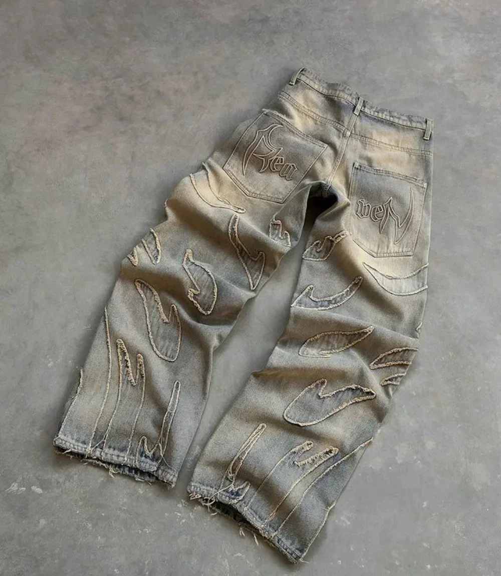 Calça jeans bordada chama Harajuku masculina, hip hop, rua, lazer, calças jeans, cintura alta, perna reta, perna larga, roupas masculinas, novo, Y2k