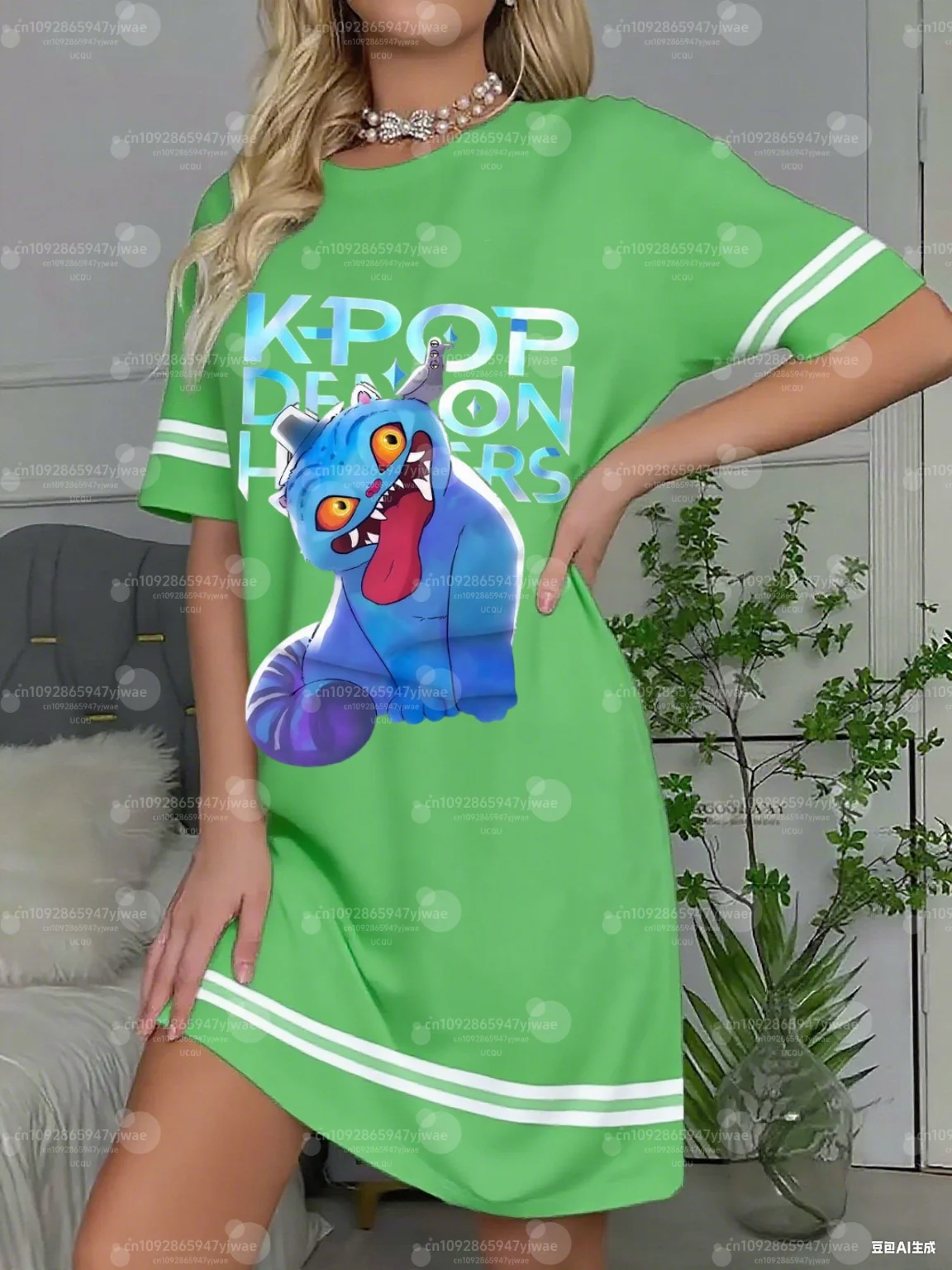 Kpop Demon Hunter print T-Shirt Dress Loose Casual  O-Neck Lady Short Sleeve Pullover nightDresses Women Clothing
