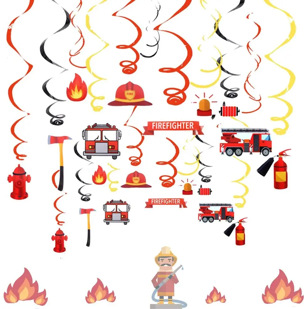 Fire Truck Swirl Banner for Fireman Sam Birthday Decorations Fire Engine Firetruck Hanging Swirls Ceiling Decor Supply