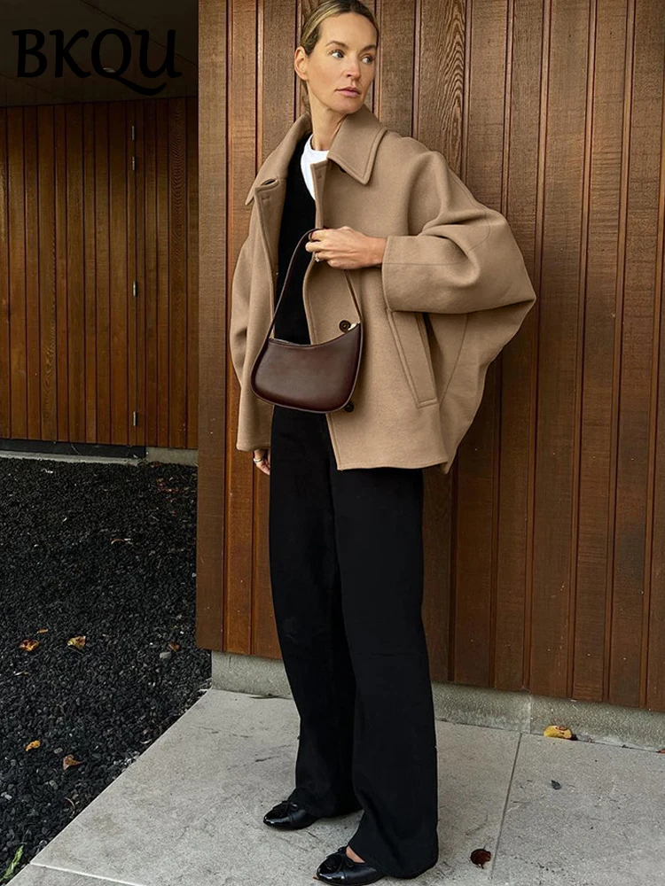 BKQU 2024 Fashion Single Breasted Loose Jacket Women Long Sleeve Wool Lapel Coat Autumn Winter Vintage Brown Warm Outerwears