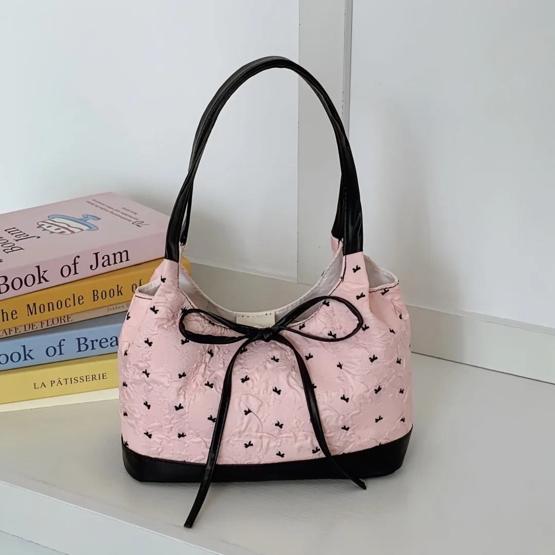 Sweet Single Shoulder Underarm Bag Bow Print Tote Bag Fashion Underarm Bag Protable Casual Commute Niche Handbags