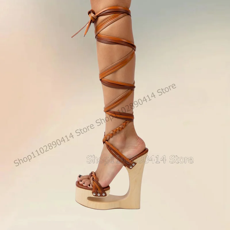 Colorful Strap Hollow Wooden Platform Twine Sandals Lace Up Women Shoes Strange Style Heels Novel Party 2024 Zapatos Para Mujere