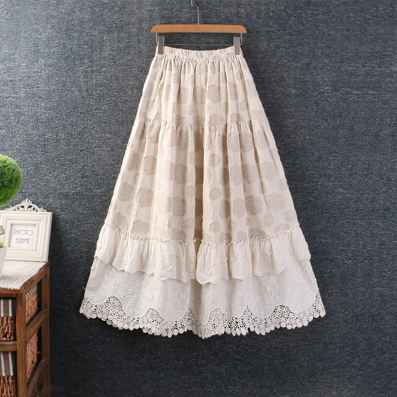 Vintage Mori Girl Floral Embroidery Hollow Out Cotton Skirts Women Spring Summer Elastic Waist Casual Loose A-Line Skirt