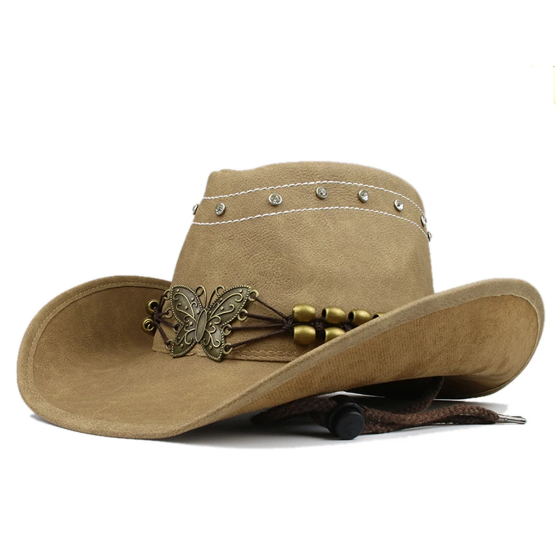 

Retro Butterfly Women PU Leather Roll Up Wide Brim Sombrero Sun Cap Beach Cowboy Cowgirl Western Hat Adjust