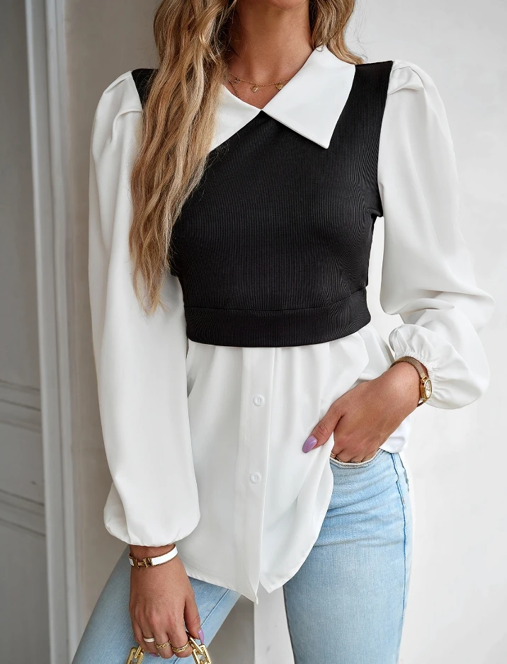 Woman Blouse 2024 Spring Casual Temperament Commuting Fake Two-Piece Turn-Down Collar Long Sleeved Button Daily Shirt Top