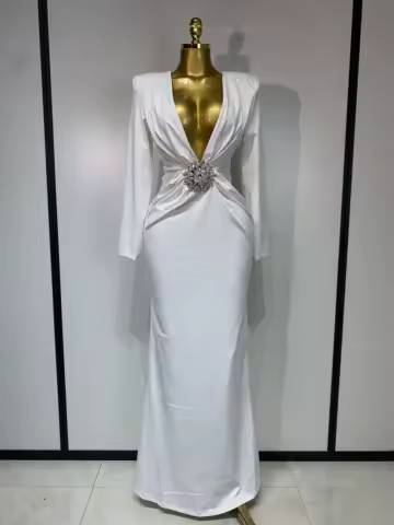 Women Long Sleeve Deep V-Neck Bodycon Long Dress Elegant Evening Party Club Celebrate Cocktail Outfit Luxuru Birthday Dress