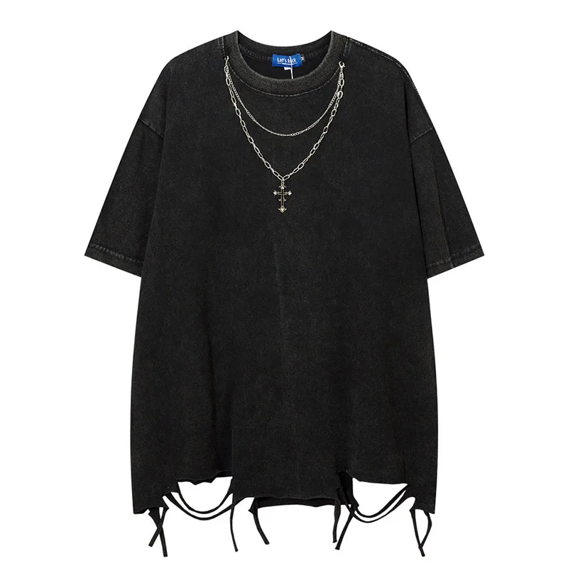 

Hi Street Summer Neck Chains T shirt Harakuju Streetwear Ripped Top Tees For Male Vintage Oversized