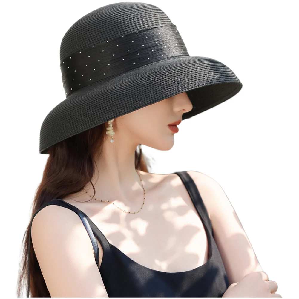 Women\'s Wide Brim Raffia Sun Hat - Lightweight Foldable Straw Hat with Sparkle Ribbon for Beach Outdoor Summer Travel Use