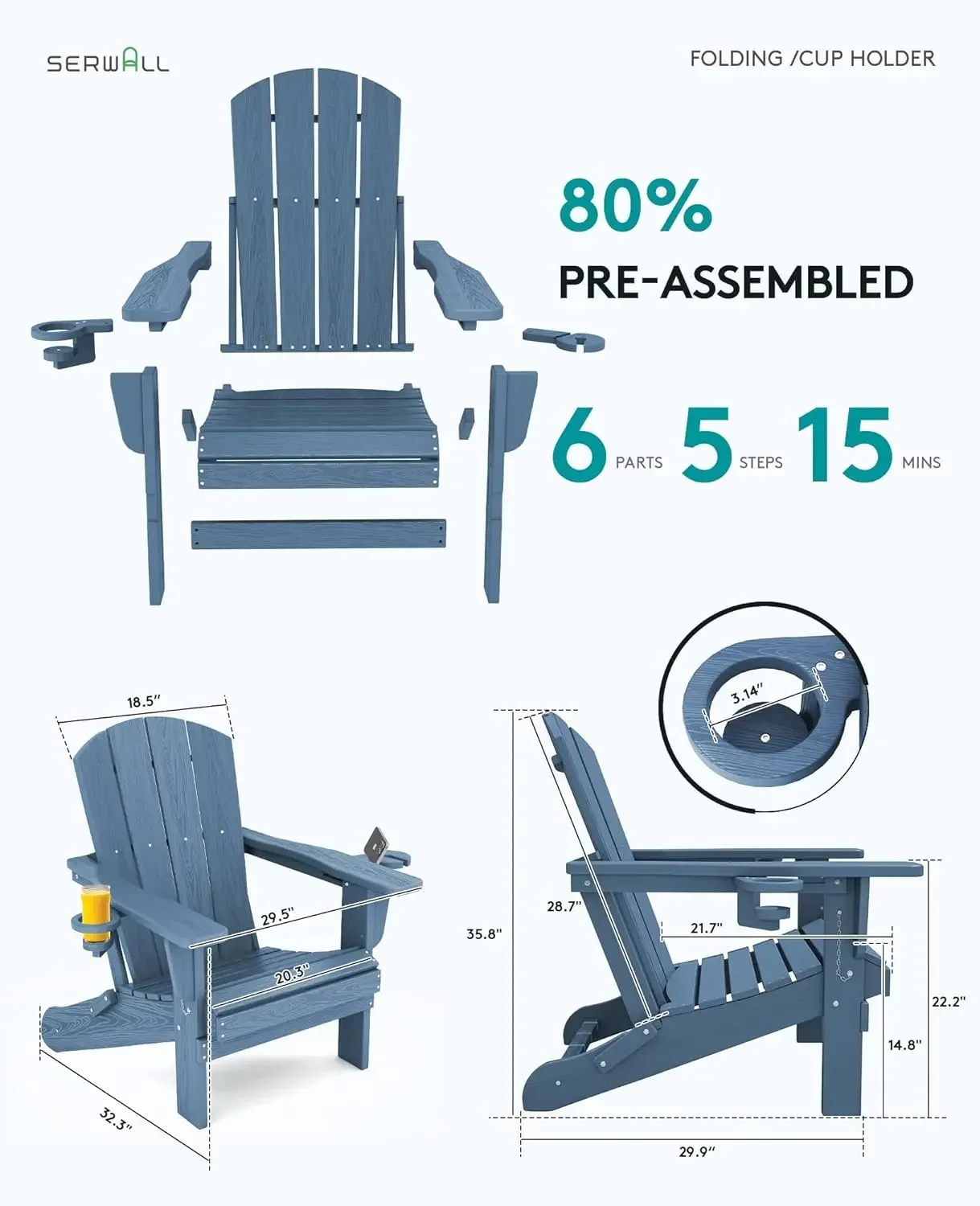 Silla plegable Adirondack, juego de 4 sillas Adirondack de HDPE, sillas de plástico para exteriores, aspecto exactamente como madera auténtica, azul marino