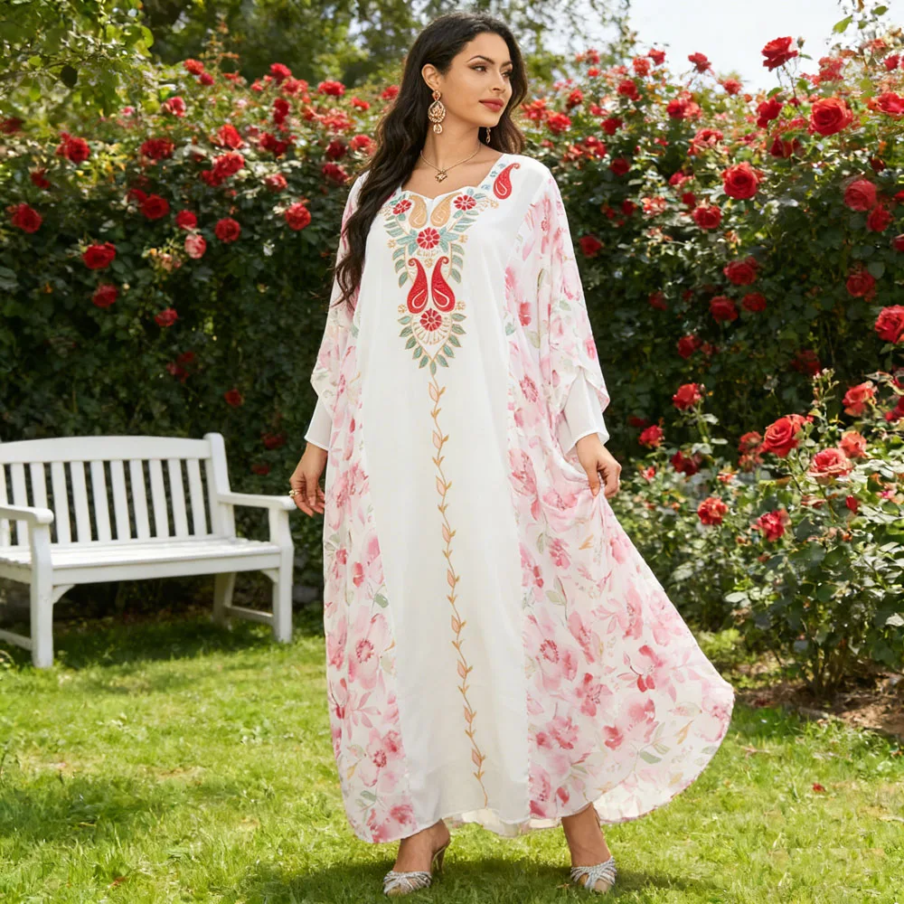 

Muslim Dubai Casual Embroidery Print Batwing Sleeve Women Homewear Islam Clothing Moroccan African Abayas Turkish Saudi Dresses