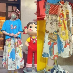 Hamburg Cartoon Dress For Women's Summer 2024 American Retro Childlike Cute Color Loose Casual High Waisted Slim A-line Skirt