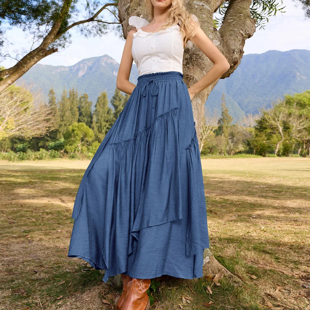 SD Women Skirts High Waisted Retro Renaissance Overlay Decorated Skirt Drawstring Waist Swing Skirt Irregular Hem Skirt