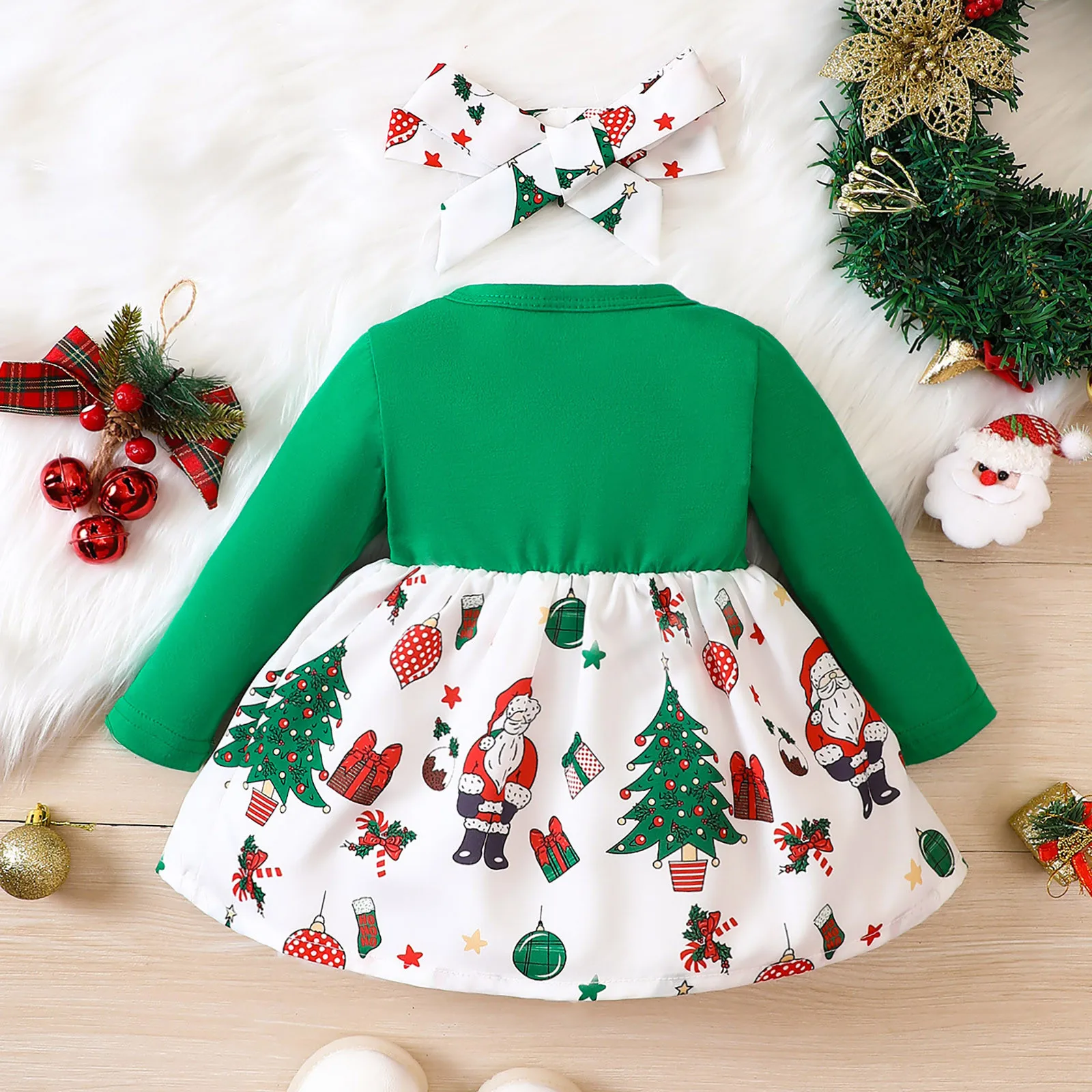 3-24M Christmas Girl Dress Fuax 2pcs Big Bowknot Cartoon Santa Claus Print Dress For New Year Children\'s Christmas Clothing 2024