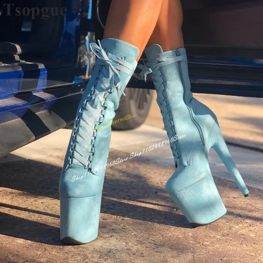 

Mid Calf Cross Tied Light Blue Flock Platform Boots Thin High Heel Women Shoes Side Zipper Round Toe 2024 Zapatos Para Mujere