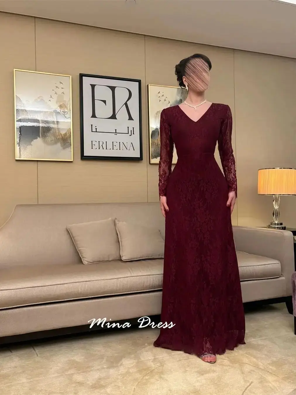Mina Aangepaste wijnrode avondjurk Luxe elegante formele damesjurken voor speciale gelegenheden V-hals met lange mouwen Feest
