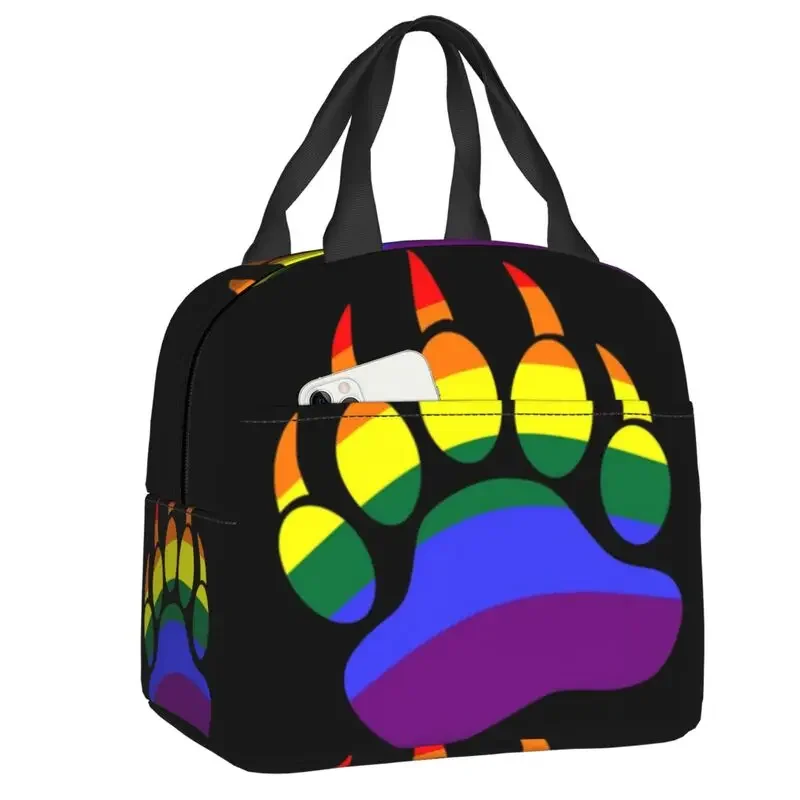 Rainbow Daddy Bear Paw Print LGBT Thermal Insulated Lunch Bags Women Gay Pride Lunch Tote for Camping Travel Storage Food Box