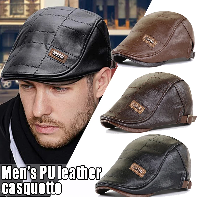 Men Fashion Retro PU Leather Beret Hats Spring Summer England Beret Hat Middle-aged Men\'s Visor Warm Flat Peaked Cap Adjustable