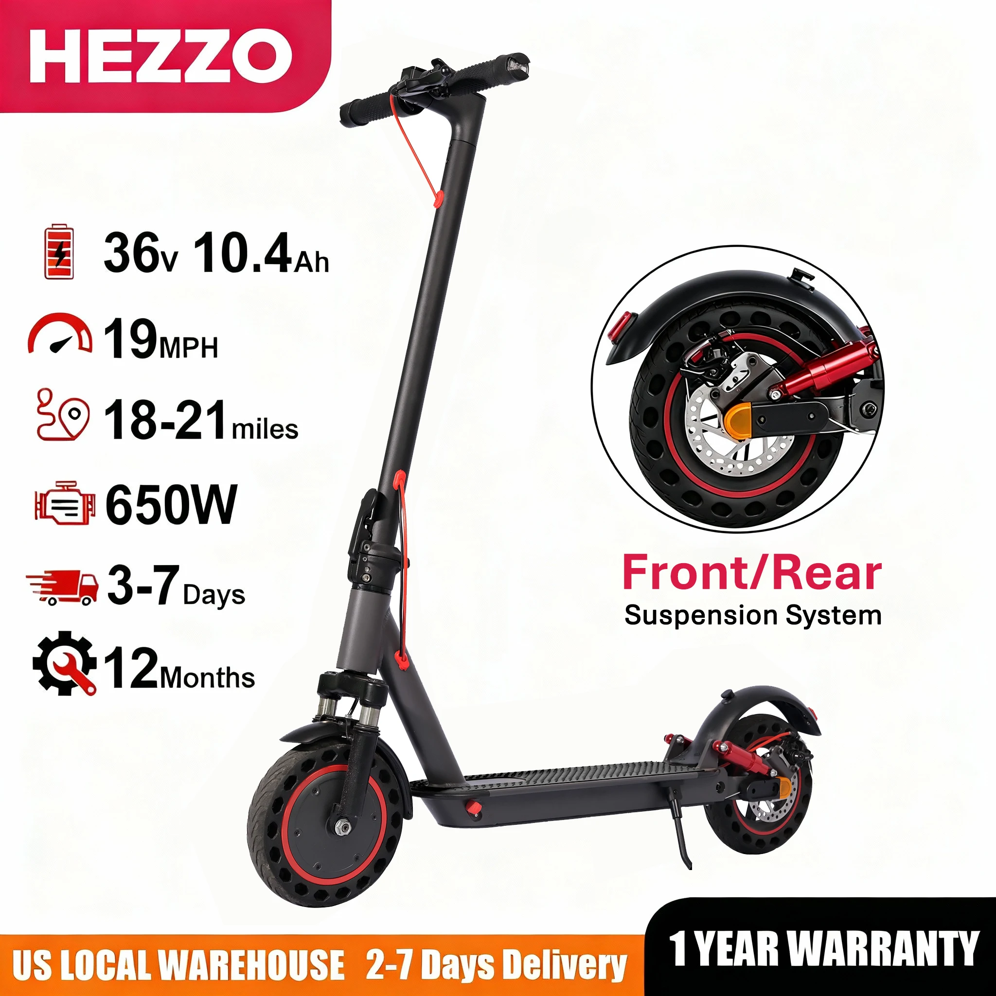 

HEZZO 650 Вт 36 В 19 миль в час мощный электрический самокат для взрослых пригородных поездок G20 быстрая зарядка 3H противоскользящая палуба 21-25 миль в наличии в США