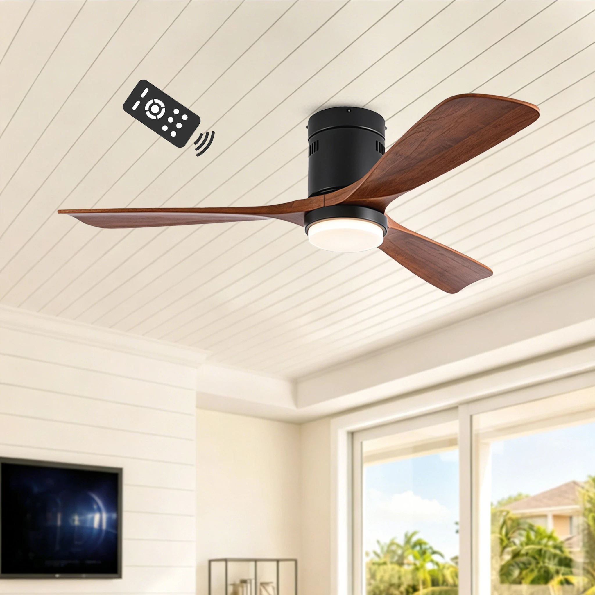52 inch Wood Flush Mount Ceiling Fans with Light and Remote 6-Speeds Reversible DC Motor Household Modern Simple Fan