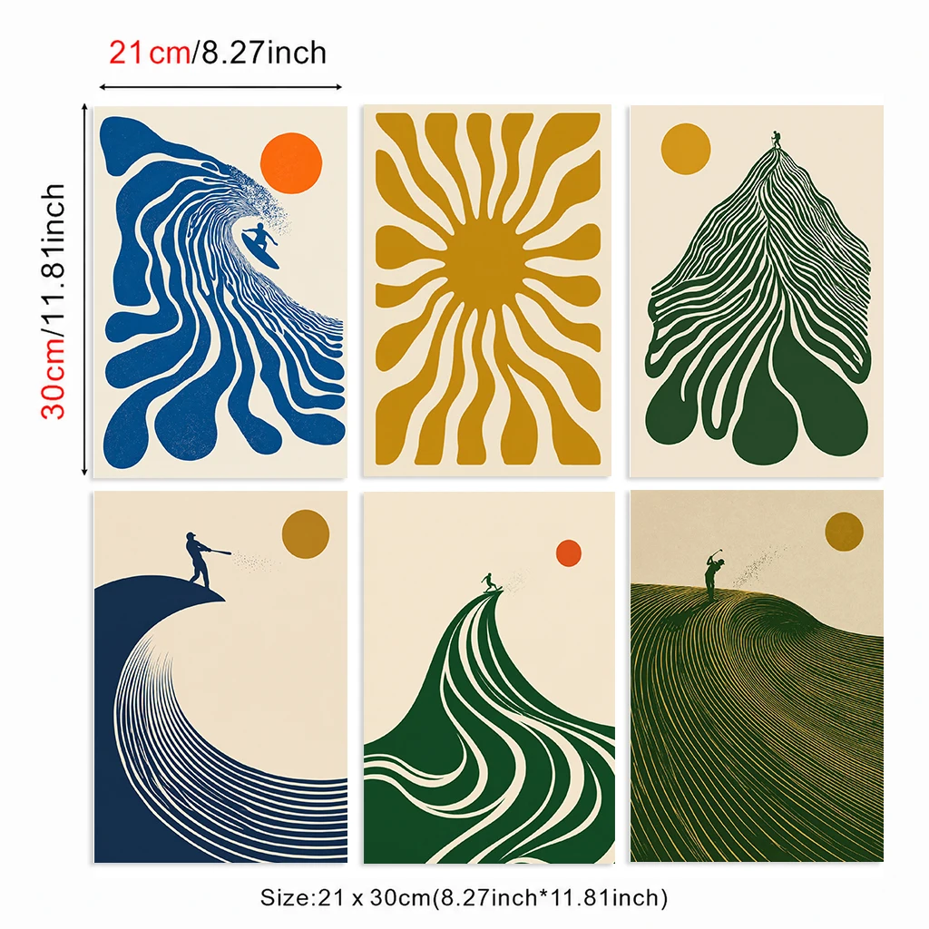 Set of 6 Retro Abstract Ocean Vintage Line Surf Blue Green Waves Surfer Retro Abstract Sun Ocean Line Canvas Poster Wall Art