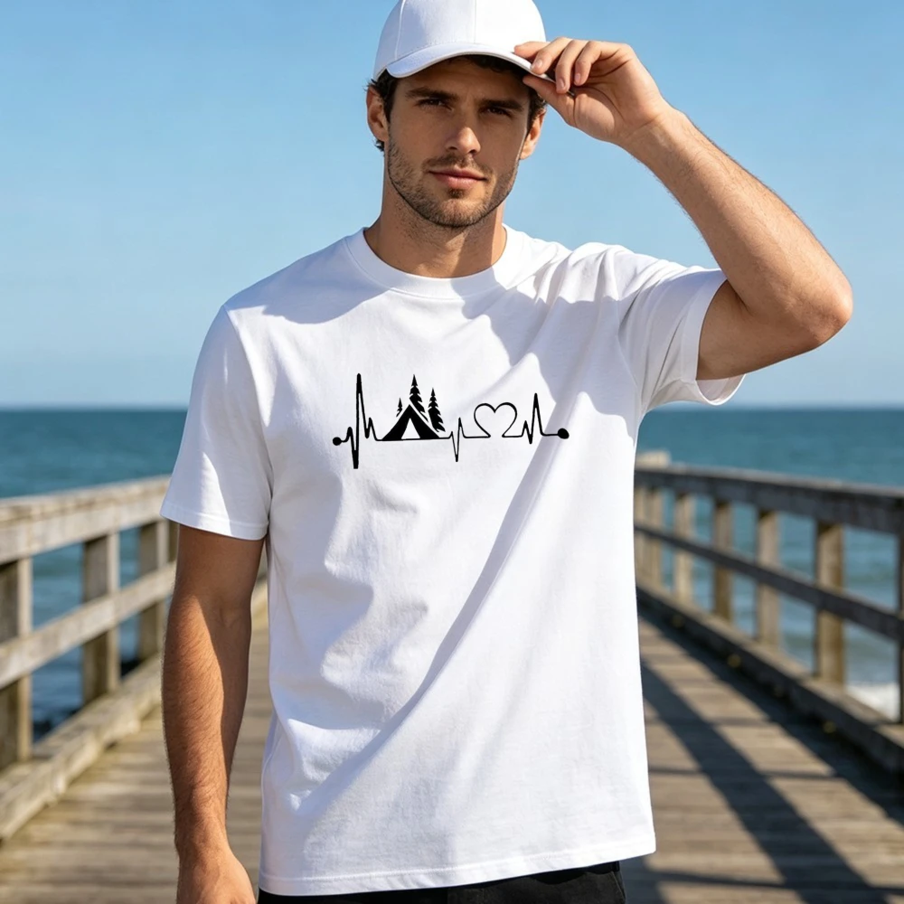 Heartbeat Mountain Trees Grafikdruck, lässiges Streetwear-T-Shirt aus Baumwolle, Sommer, Outdoor, Camping, Wandern, trendiges Oberteil