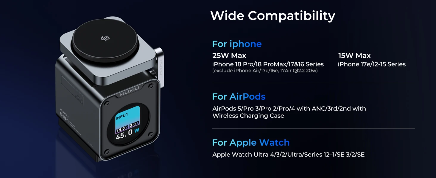 KUXIU D5 Qi2.2 25W Magnetic Wireless Charging Station With Smart TFT Color Display For iPhone 18 17 16 15 14 13/iWatch/AirPod