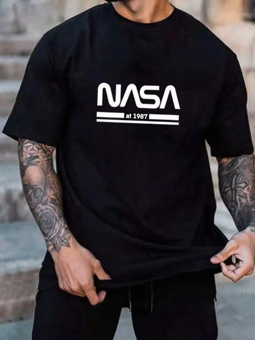

Повседневная футболка из чистого хлопка Emblazoned с логотипом NASA, Evoking 1987, летний роскошный бренд Space Nostalgia, S-4XL, новое поступление