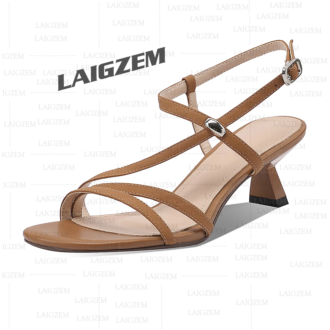 LAIGZEM Women Sandals Genuine Leather 5.5CM Mid High Heels Pumps Ladies Ankle Strap Handmade Shoes Woman Big Size 34 37 40 43
