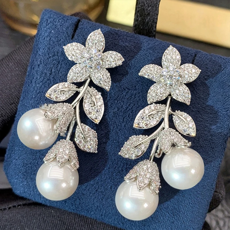 Huitan Aesthetic Flower Leaf Drop Earrings for Women Elegant Wedding Imitation Pearl Engagement Shiny CZ Fancy Jewelry for Gift
