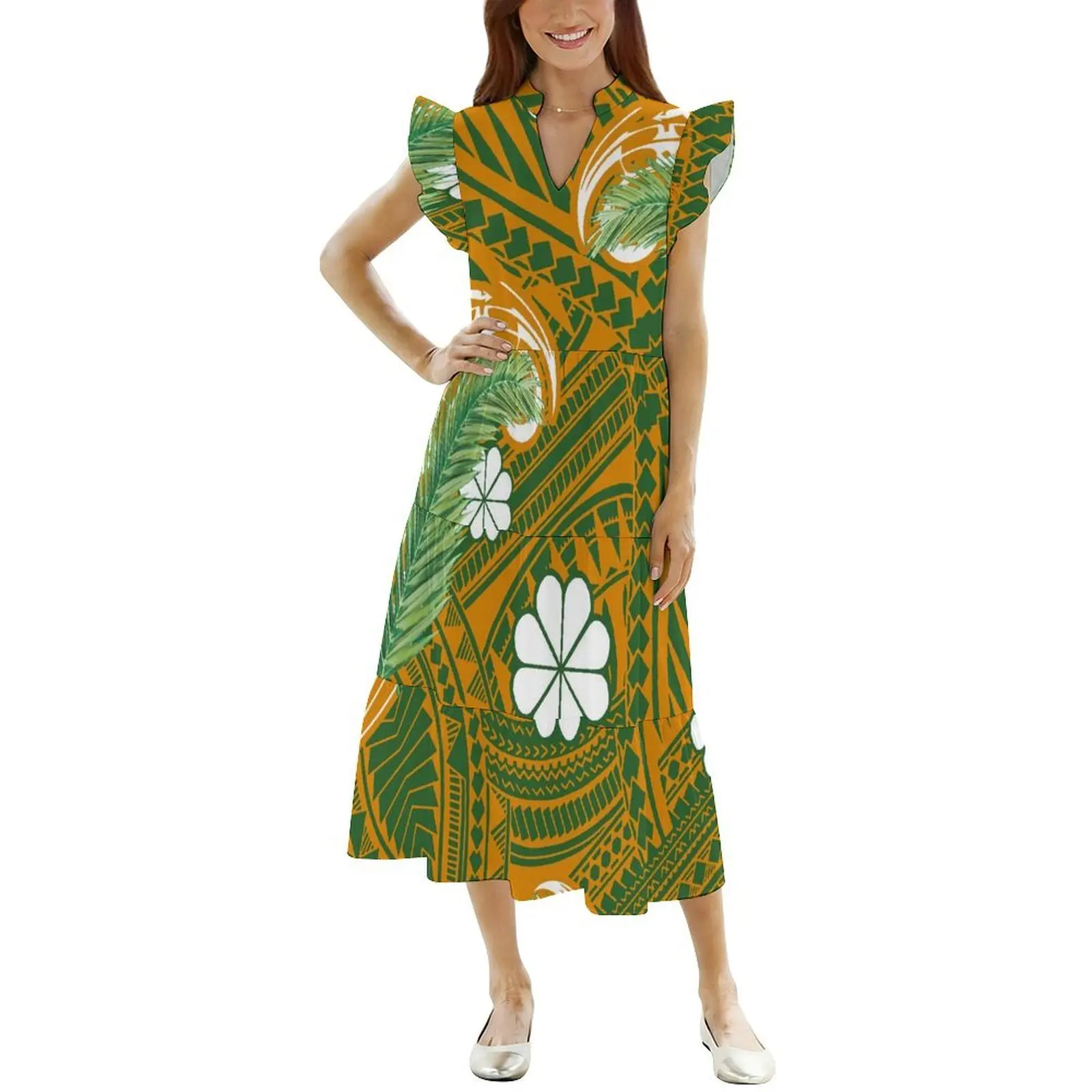 Summer High-Quality Tribal Design Custom V-Neck Lace-Layered Artistic Women'S Dress Hawaiian Casual Style Loose Dress
