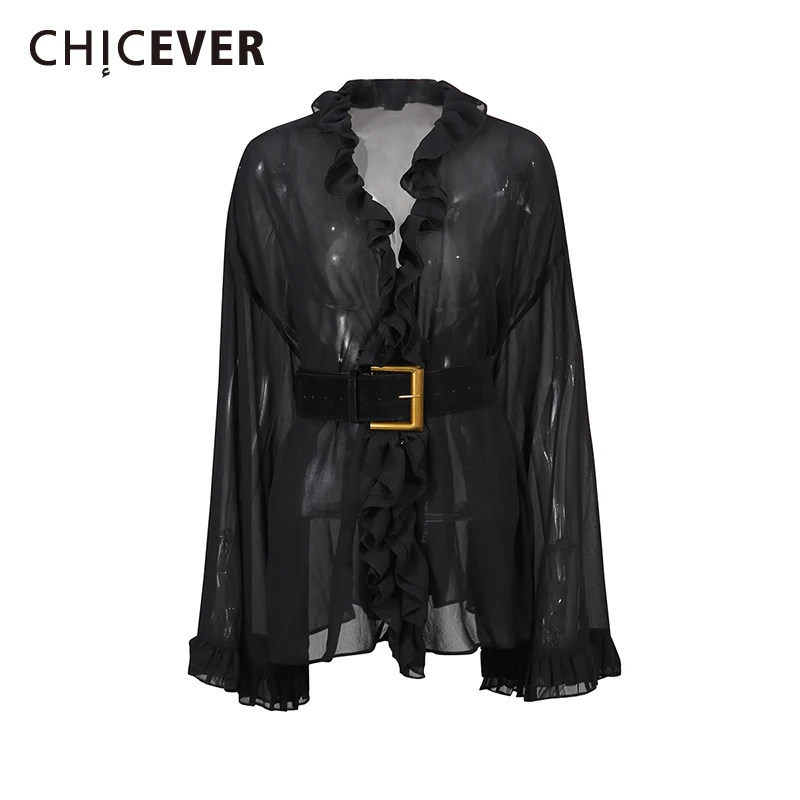 

CHICEVER Solid Spliced Sashes Basics Shirt Female V Neck Long Sleeve Loose Sheer Sexy Women's Shirts Summer Style Fashion New