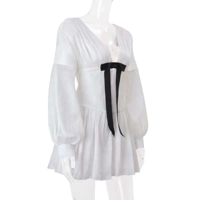 

V-neck Lantern Sleeve Bow White Dress Women's Spring and Autumn Temperament Long-sleeved Waist Skirt