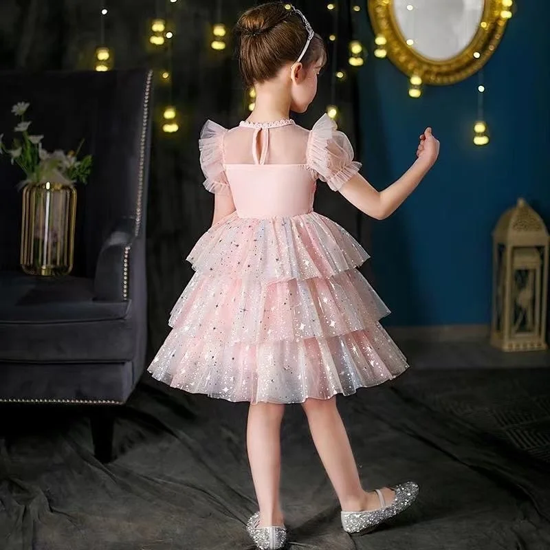 Baby Girl Princess Tutu Layered Dress Fly Sleeve Child Gauze Tulle Vestido Sparkle Star Print Party Wedding Birthday 1-7Y