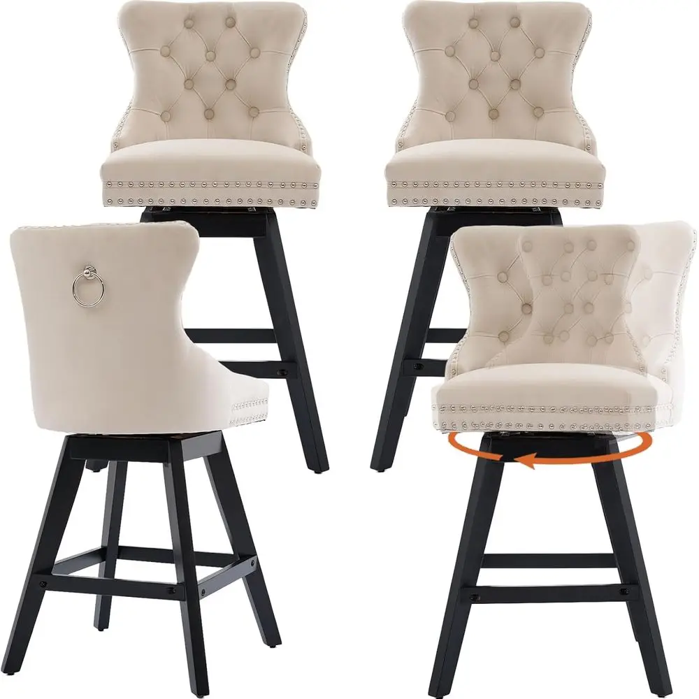 

Set of 4 Beige Swivel Velvet Bar Stools, 25.9 Upholstered Counter Height with Backs, Suitable for Kitchen Island or Counter