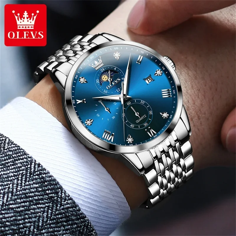 OLEVS 2925 Moon Phase Quartz Watch Men Date Roman Scale Waterproof Hand Clock Luminous Luxury Business Man Watches