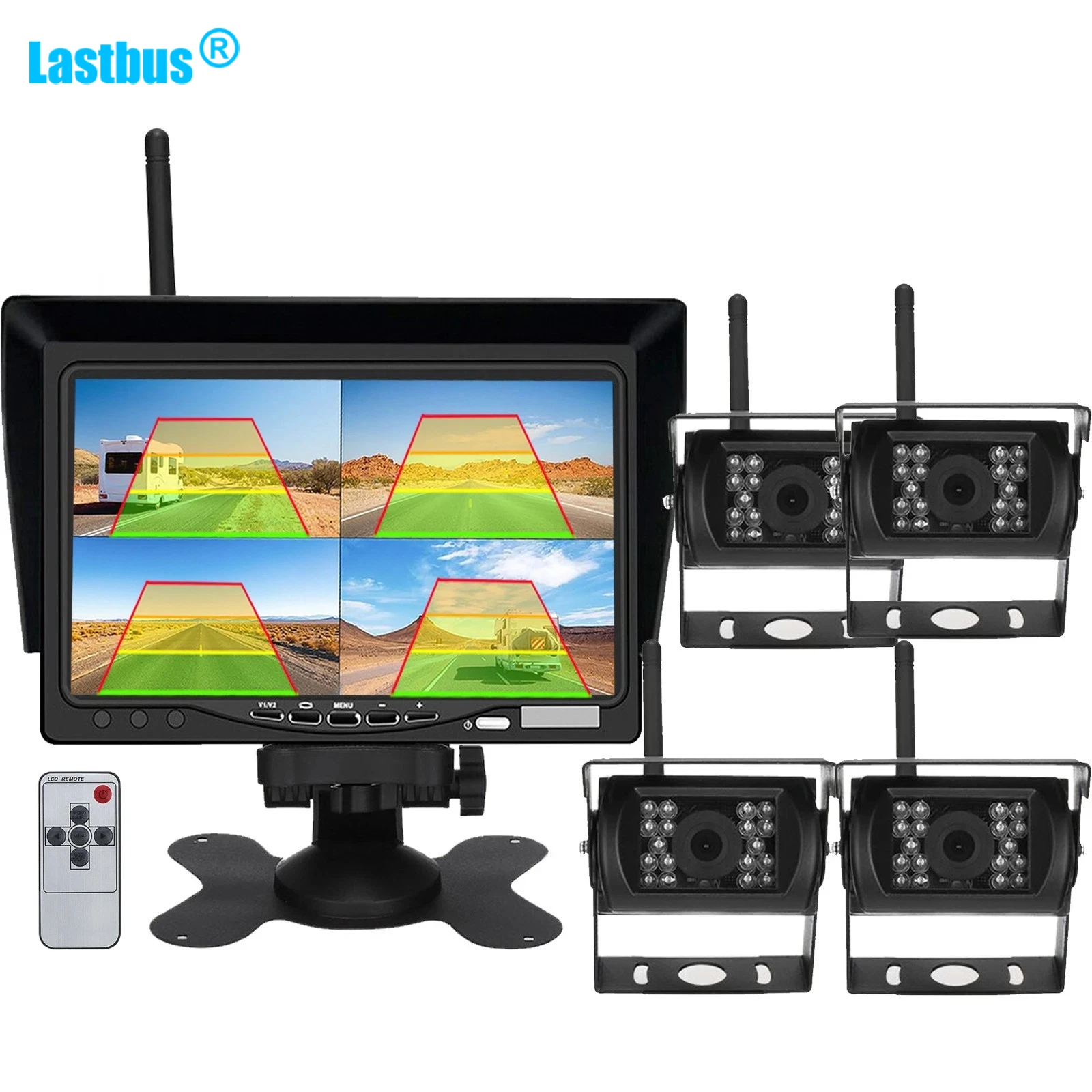 

Lastbus 7" IPS Quad Split Screen Monitor + FHD 1080P Digital Wireless Night Vision Waterproof Backup Camera For Truck Bus