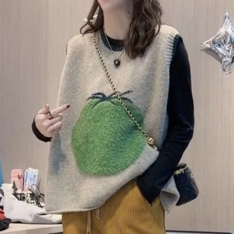 Knit Vests Woman Winter 2024 Aesthetic Sleeveless Sweater Vest Long Gillet Cute Gilets for Women Kawaii Waistcoat with Headings