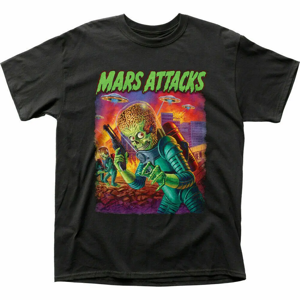 

Mars Attacks UFOs Attack T Shirt Mens Licensed Movie UFO Aliens Tee New Black