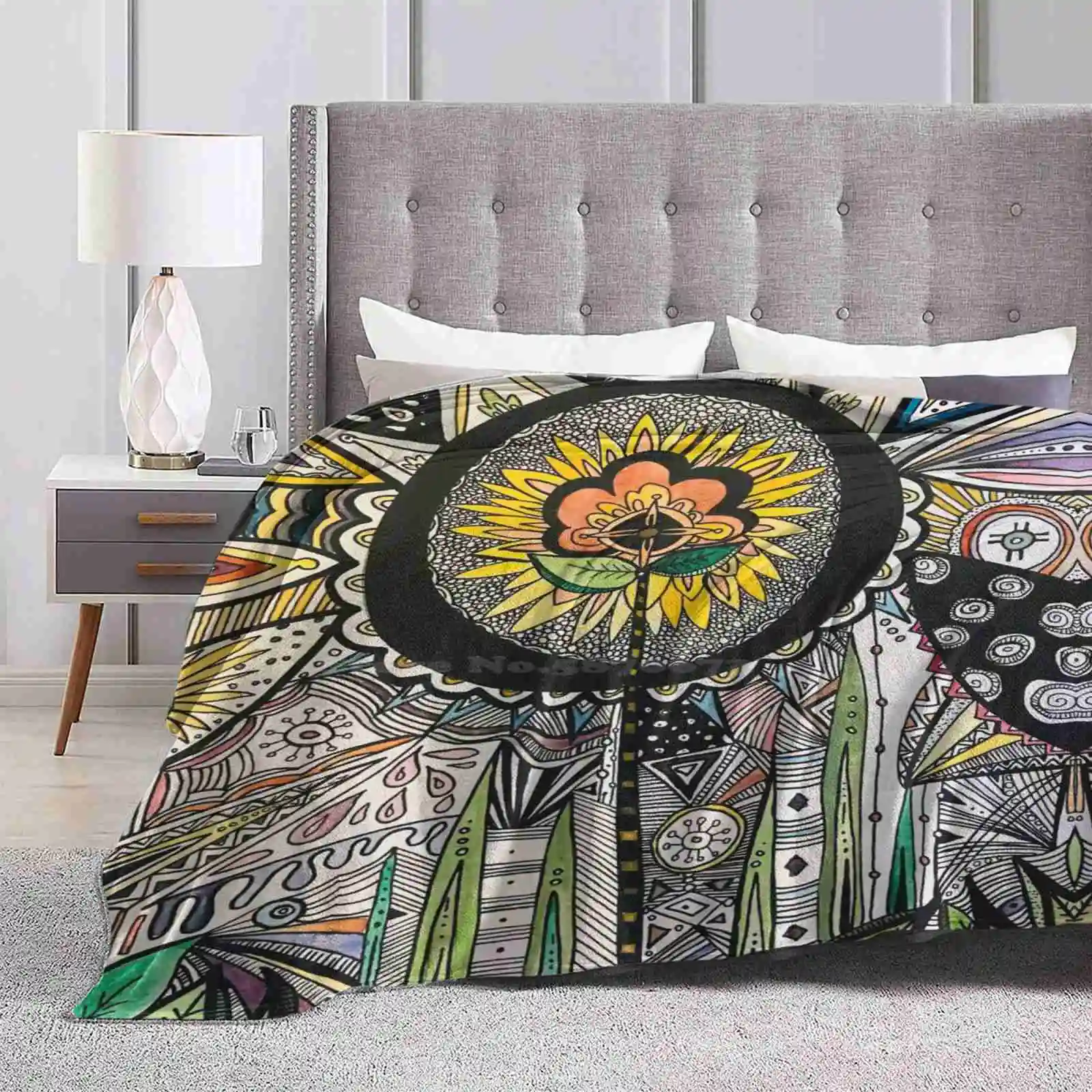 The Circle Air Conditioning Soft Blanket Freehand Original Art Watercolor Nature Sunflower Zen Flowers Bright Flowers Black And