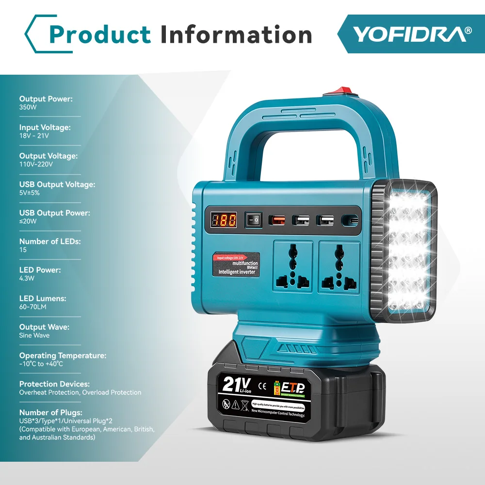 Inversor de Corriente Inalámbrico YOFIDRA de 350W, de CC 18V-21V a CA 220V, con Puerto de Carga USB Dual para Baterías Makita