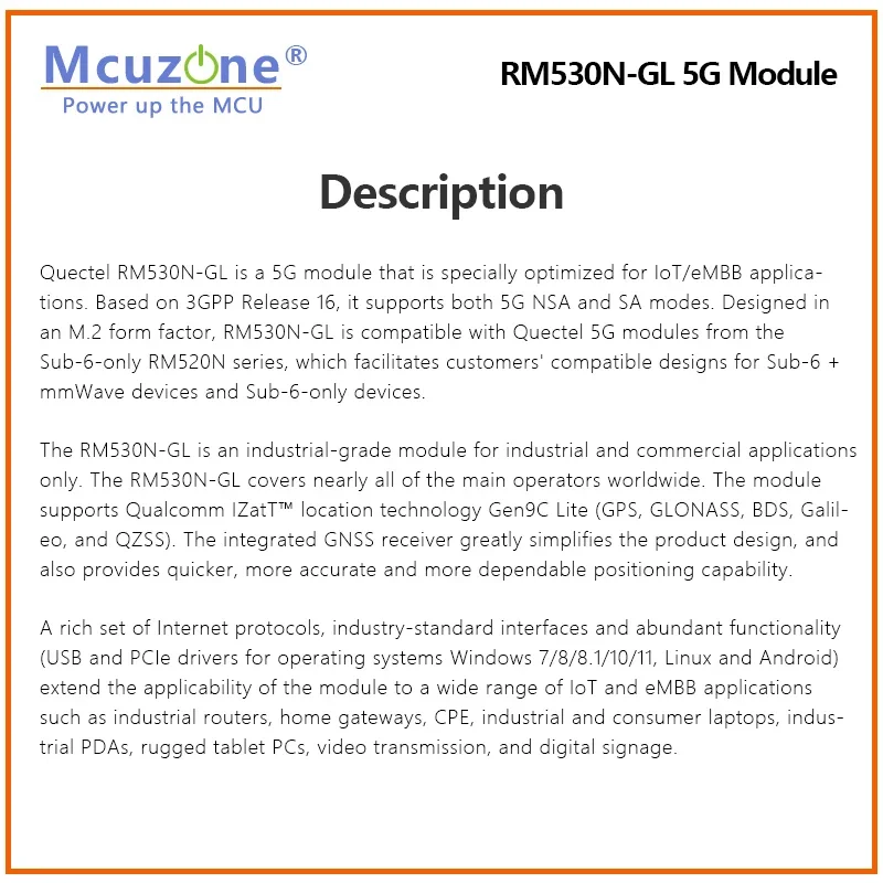 Quectel RM530N-GL d'origine 5G 4G 3G LTE-A multi-mode Sub-6G mmWave M.2 Module récepteur GNSS multi-constellation 3GPP R16