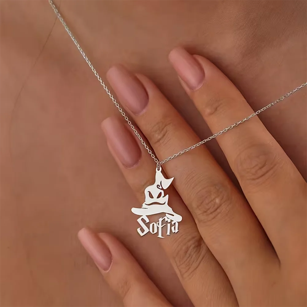 Custom Wizard Hat Name Necklace Personalized Gothic Font Letters Pendant Stainless Steel Halloween Jewelry Gift for Women