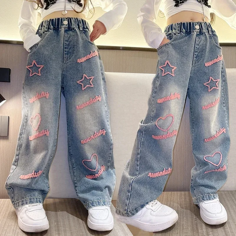 Girls School Wide Leg Pants with Heart Star Design Casual Loose 2024 Kids Fashion Long Jeans Children Korean Style Trousers