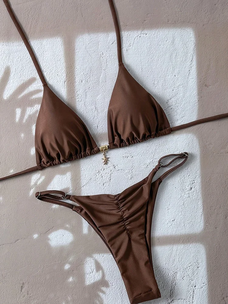 

2026 full season backless bikini women's two-piece set sexy solid color lace up vacation bikini swimsuit beach Brazilian bikini