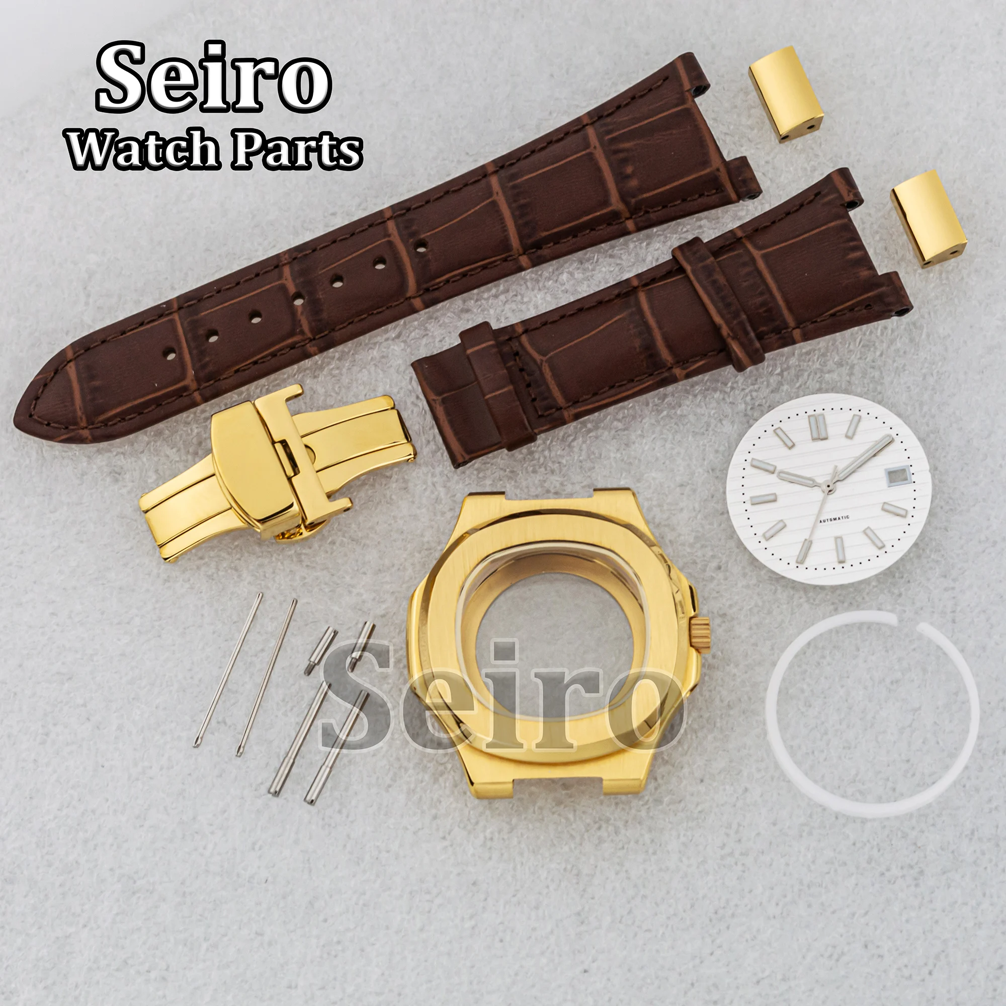 41MM Gold Watch Case Sapphire Glass Genuine Leather Strap Luminous Dial Hands Gold Modify for Nautilus NH35 NH36 NH38 Movement