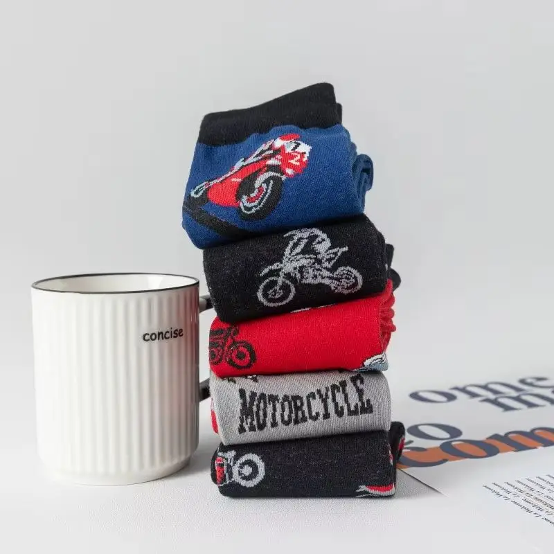 5 Pairs Men Motorcycle Print Crew Socks Novelty Biker Theme Cotton Mid‑Calf Socks Casual Fashion Gift Socks For Motorbike Lovers